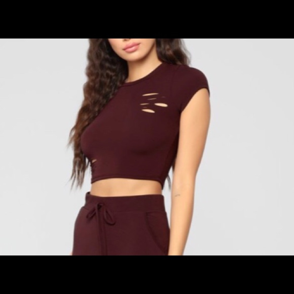 Fashion Nova Distressed Burgundy Crop Top - Picture 4 of 7